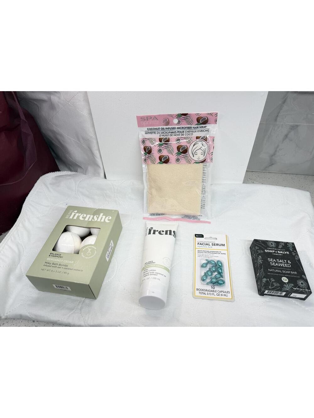 Being Frenshe 5pc Spa Gift Set - Hair Wrap, Serum Capsules, Chagrin Valley Soap